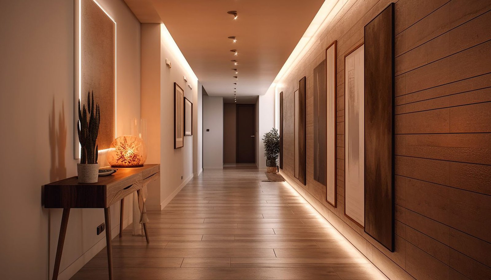 Hall contemporâneo com painéis de madeira, iluminação embutida e marcenaria sob medida